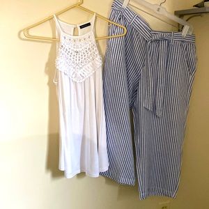 Sleeveless summer white top size large the pants are size L knee high Stripes